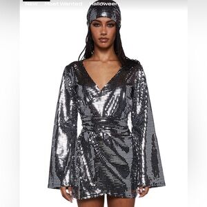Dolls Kill Silver Disco Fever Sequin Wrap Dress & Head Scarf Costume Set Sz 2XL